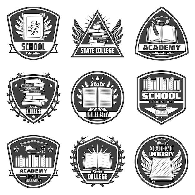 Free vector vintage monochrome education labels set with inscriptions books diploma certificate apple feathers graduation cap isolated