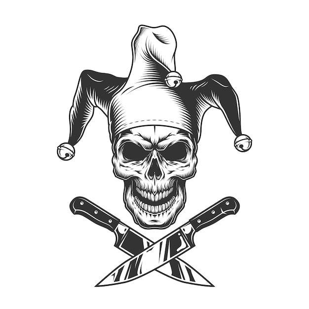 Vintage monochrome evil jester skull