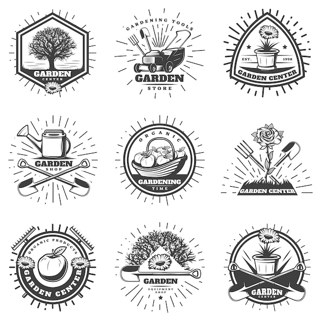 Free vector vintage monochrome gardening logos set