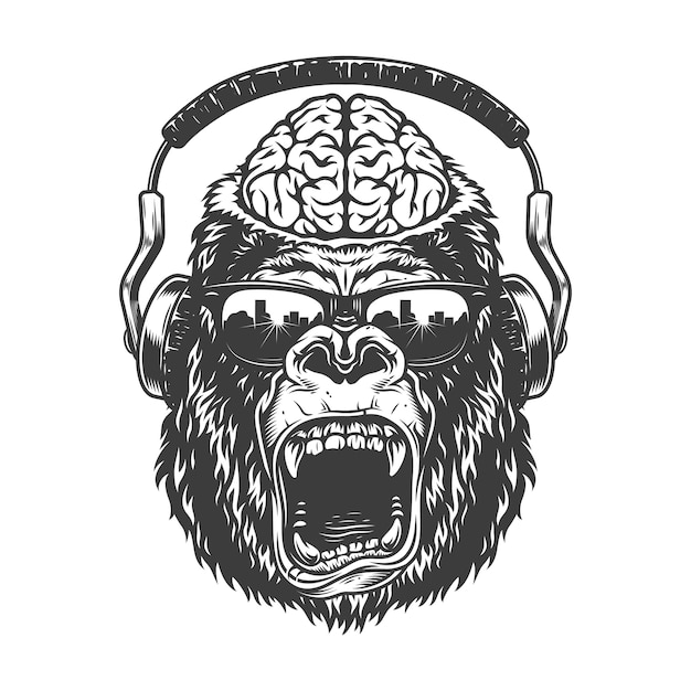 Vintage monochrome gorilla with headphones.