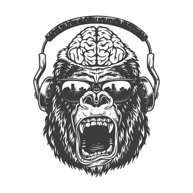 vintage monochrome gorilla with headphones.