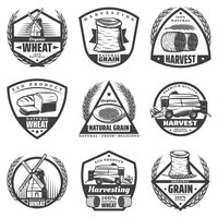 Free vector vintage monochrome harvesting labels set with wheat ears flour wreathes hay bales windmill baking products harvester isolated