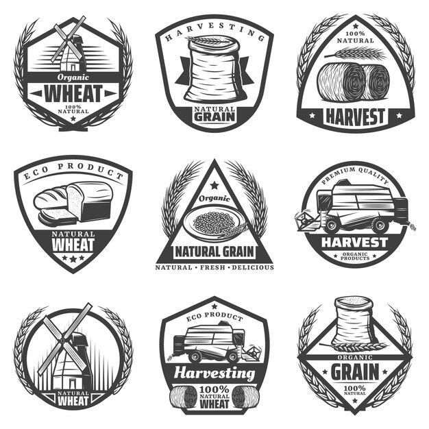 Vintage monochrome harvesting labels set with wheat ears flour wreathes hay bales windmill baking products harvester isolated