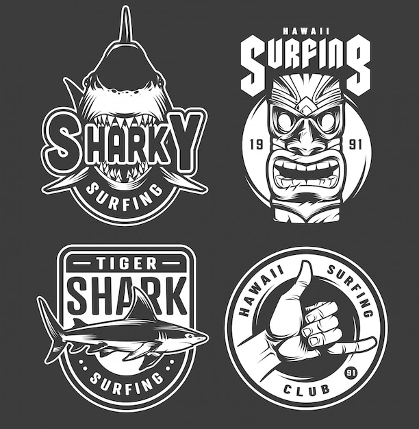 Free vector vintage monochrome hawaii surfing badges