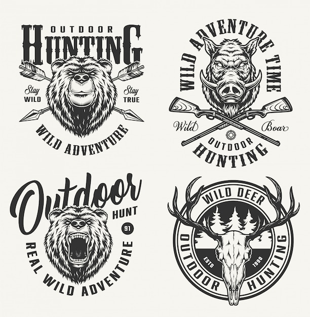 Free vector vintage monochrome hunting badges