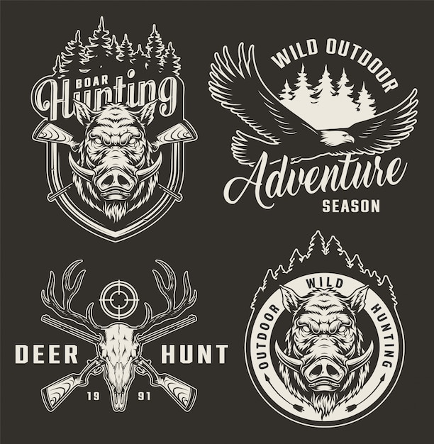 Free vector vintage monochrome hunting badges