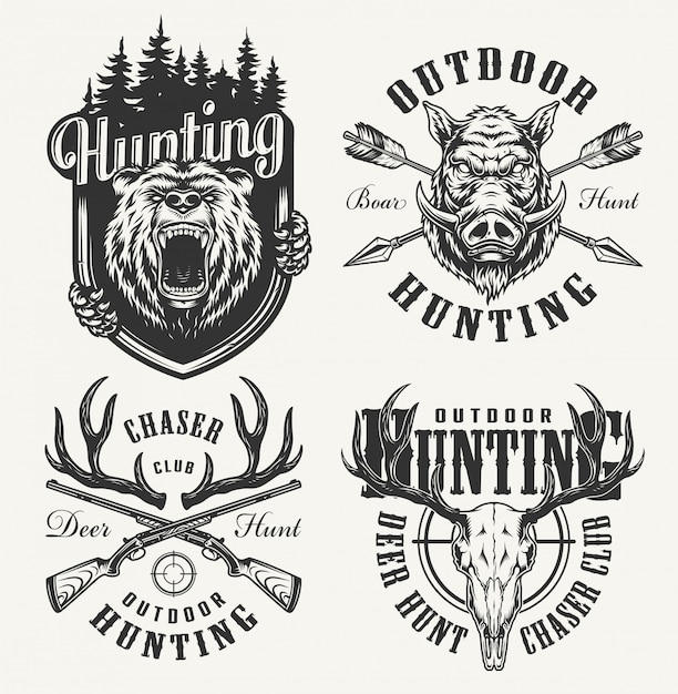 Free vector vintage monochrome hunting club badges