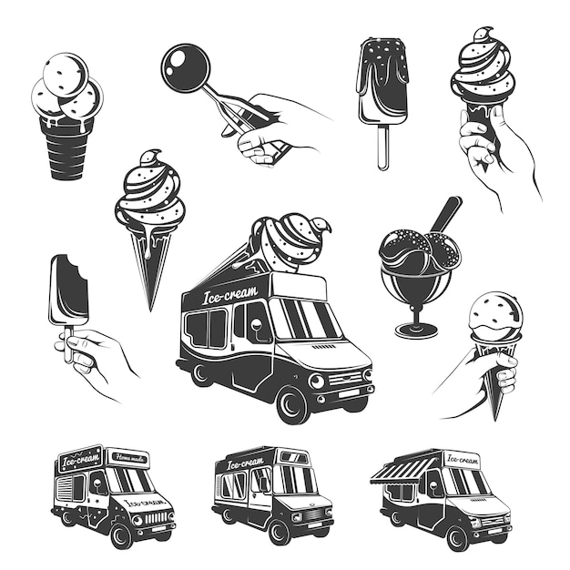 Бесплатное векторное изображение Набор старинных монохромных элементов мороженого