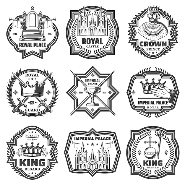 Vintage monochrome imperial labels set with king throne trumpet royal regards sword lance palace isolated 