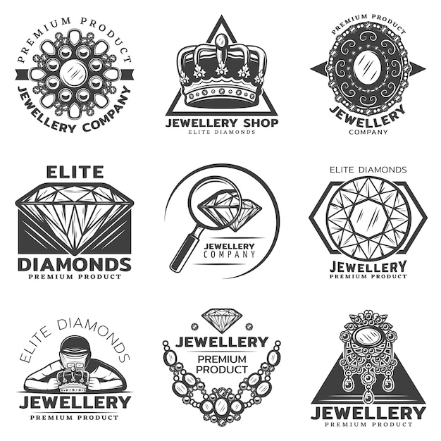 Vintage monochrome jewelry shop labels set