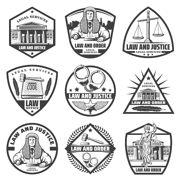 Free vector vintage monochrome judicial system labels set with courthouse handcuffs scales gavel law book themis statue feather judge isolated