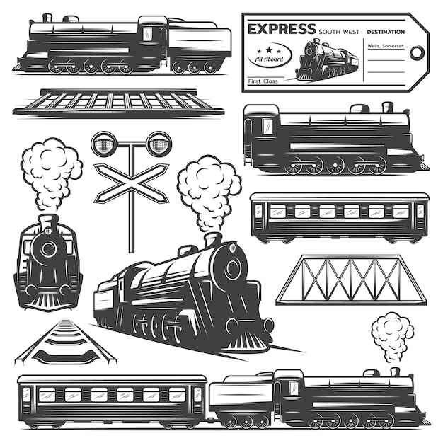 Free vector vintage monochrome locomotive elements collection