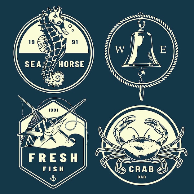 Free vector vintage monochrome marine emblems set
