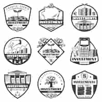 Free vector vintage monochrome money investment labels set with dollar banknotes financial tree calculator piggy bank building coins isolated