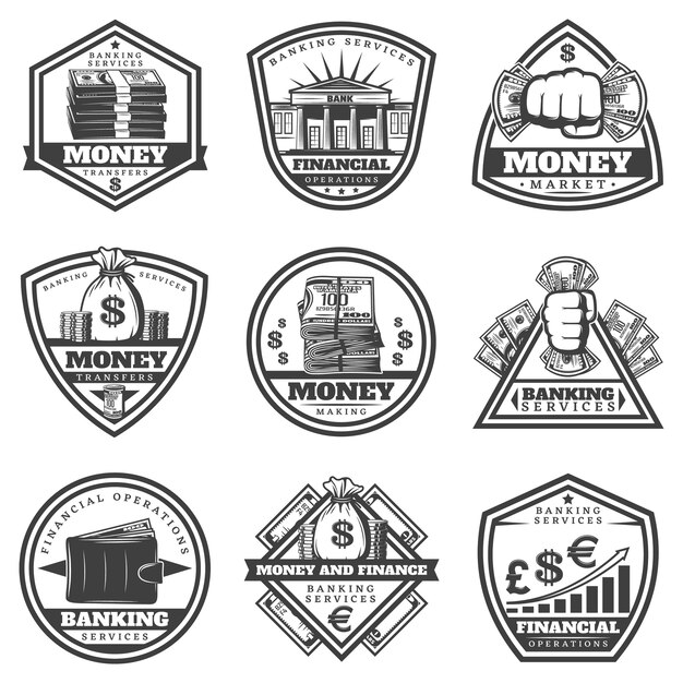 Vintage monochrome money labels set with inscriptions cash bank banknotes wallet coins graph isolated