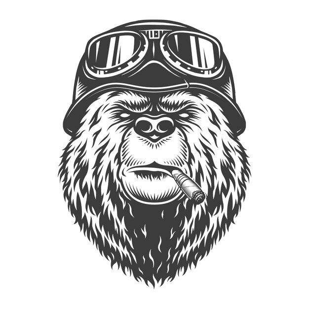 Vintage monochrome motorcyclist bear head