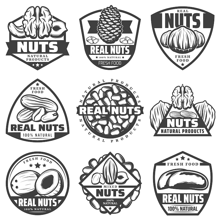 Free Vector vintage monochrome natural nuts labels set with walnut pecan hazelnut coconut peanut almond cashew pine brazil nuts isolated