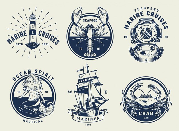 Vintage monochrome nautical emblems set