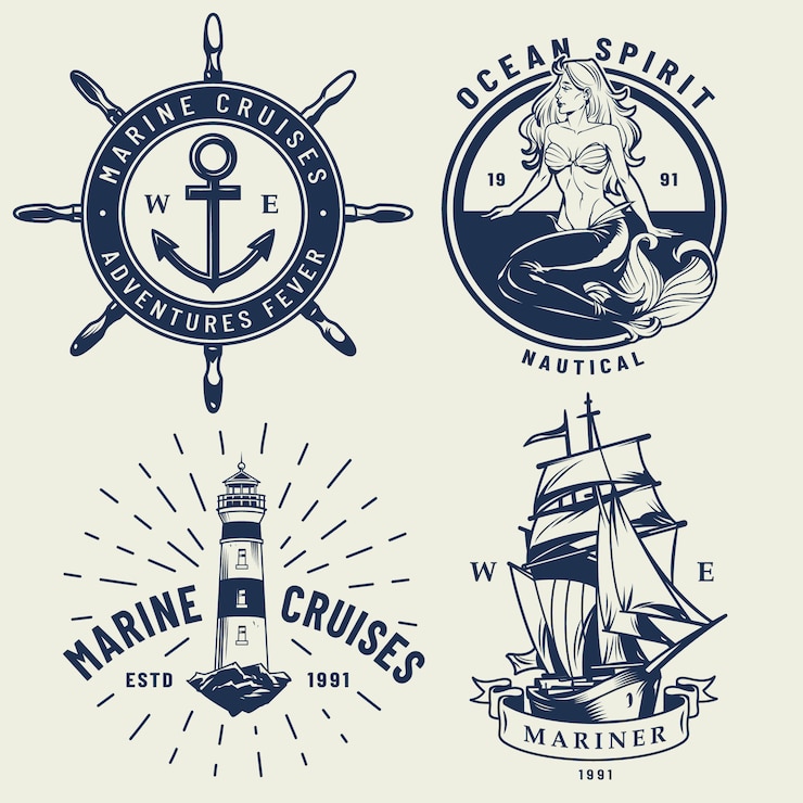 Free Vector vintage monochrome nautical logos set