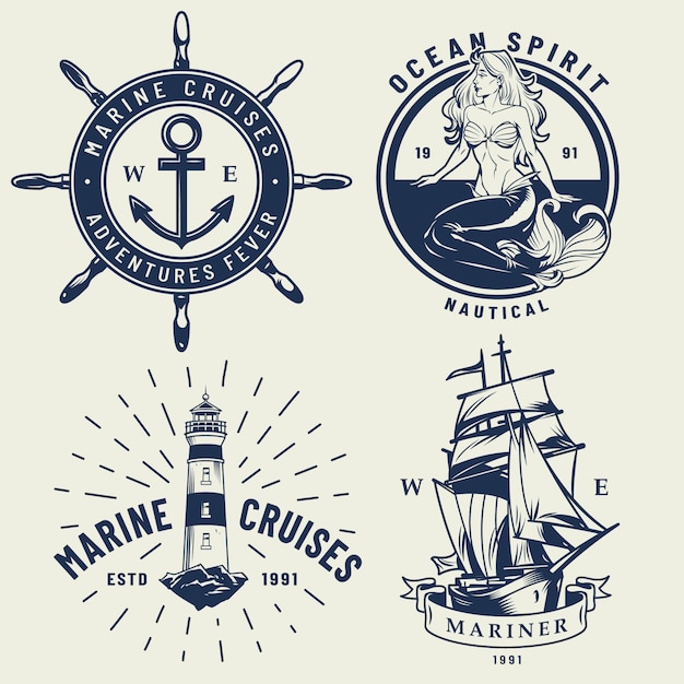Набор старинных монохромных морских логотипов
