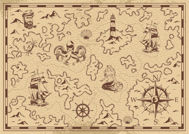 Vintage monochrome old pirate treasure map