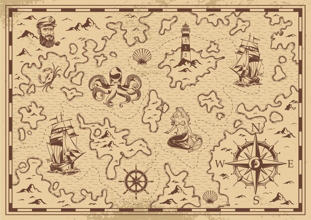 Vintage monochrome old pirate treasure map