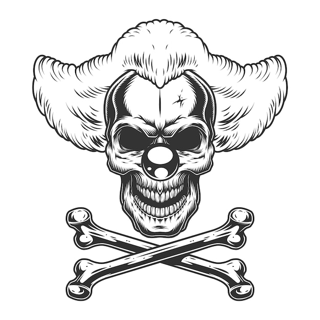 Vintage monochrome scary evil clown skull