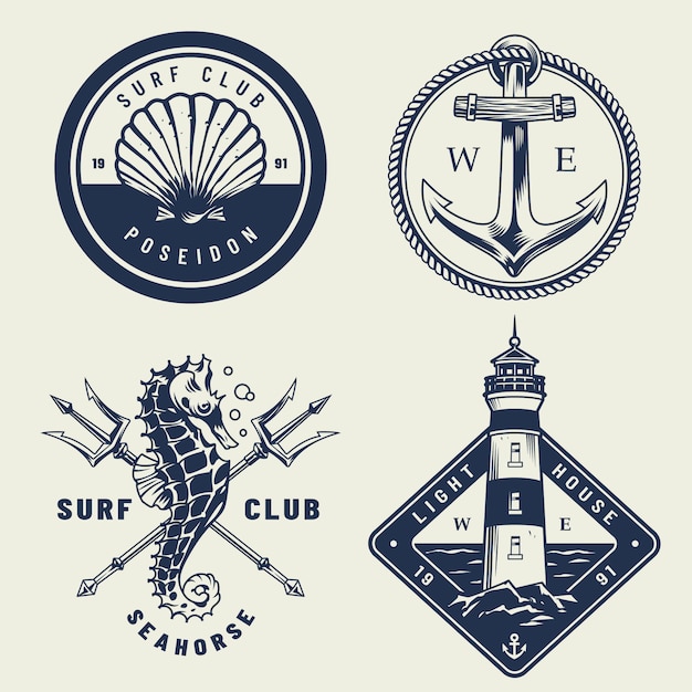 Vintage monochrome sea emblems set