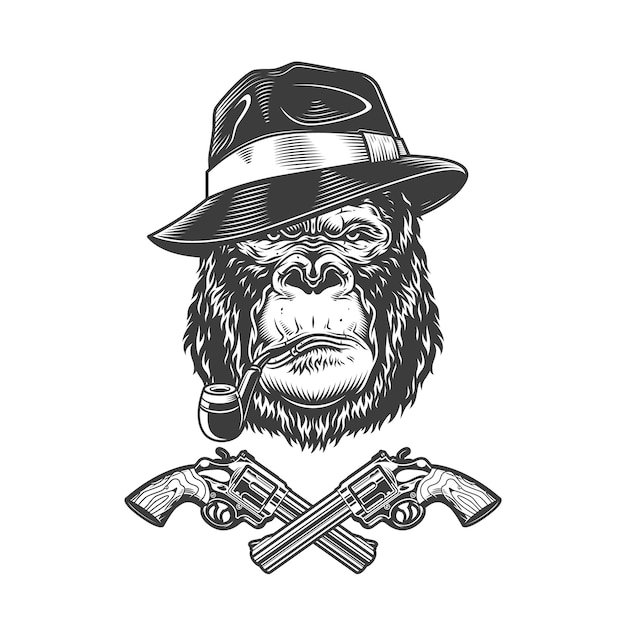 Бесплатное векторное изображение Винтажная монохромная серьёзная гангстерская голова гориллы