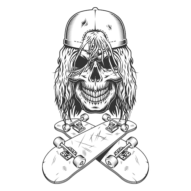 Free vector vintage monochrome skateboarder skull in cap