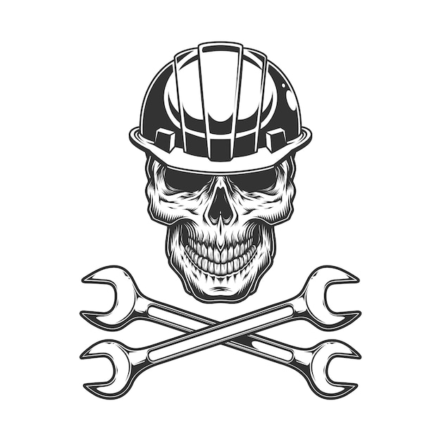 Vintage monochrome skull in builder helmet