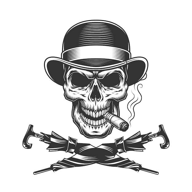 Free vector vintage monochrome skull in fedora hat