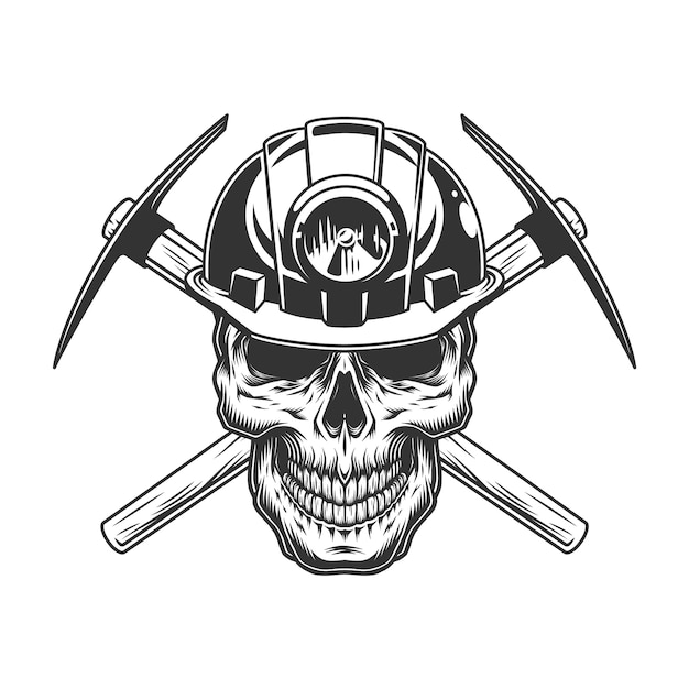 Vintage monochrome skull in miner helmet