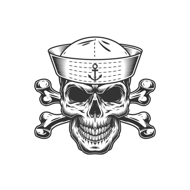 Vintage monochrome skull in sailor hat