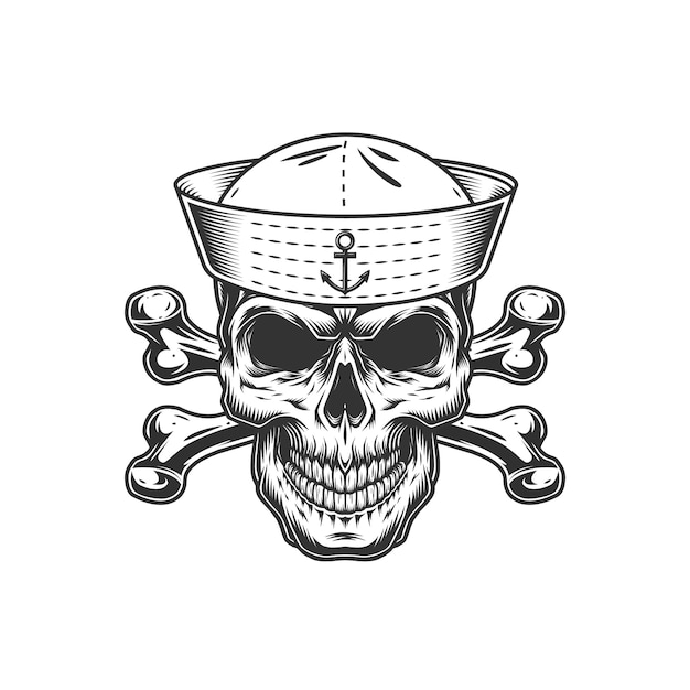 Vintage monochrome skull in sailor hat