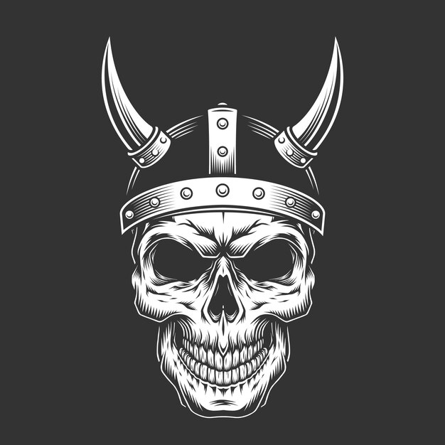 Vintage monochrome skull in viking helmet