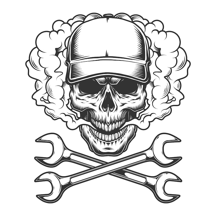 Free Vector vintage monochrome skull wearing baseball cap