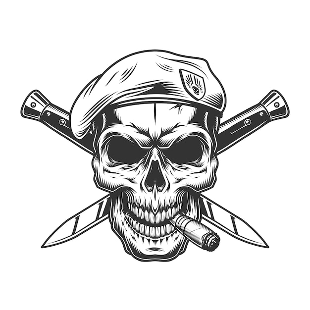 Free vector vintage monochrome soldier skull in beret