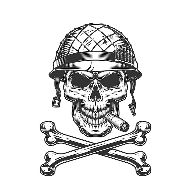 Free vector vintage monochrome soldier skull in helmet