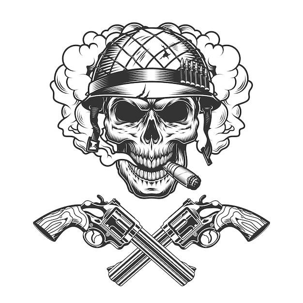 Vintage monochrome soldier skull smoking cigar