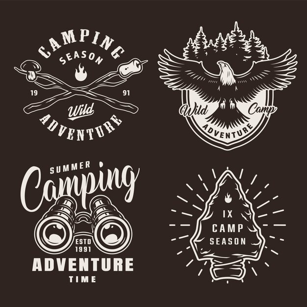 Vintage monochrome summer camping badges