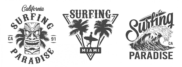 Vintage monochrome surfing labels set