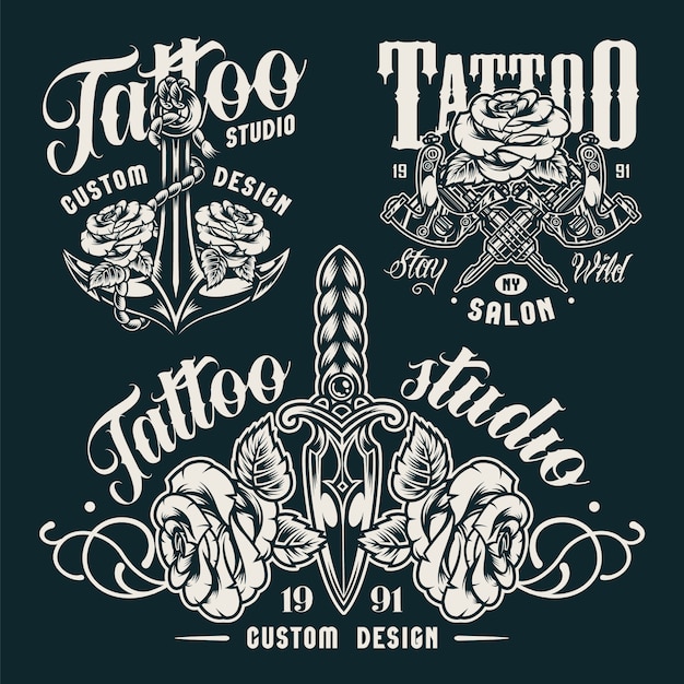 Free vector vintage monochrome tattoo salon emblems