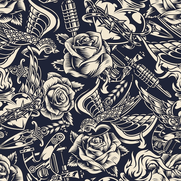 Vintage monochrome tattoos seamless pattern