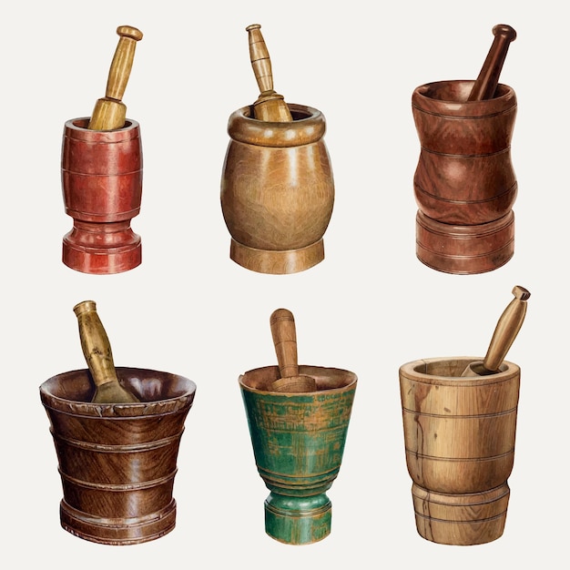 Free vector vintage mortar and pestle vector illustration set, remixed from public domain collection