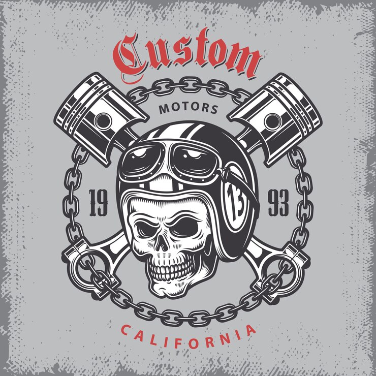 Free Vector vintage motorcycle print with skull in motorcycle helmet and crossed pistons on grange background.