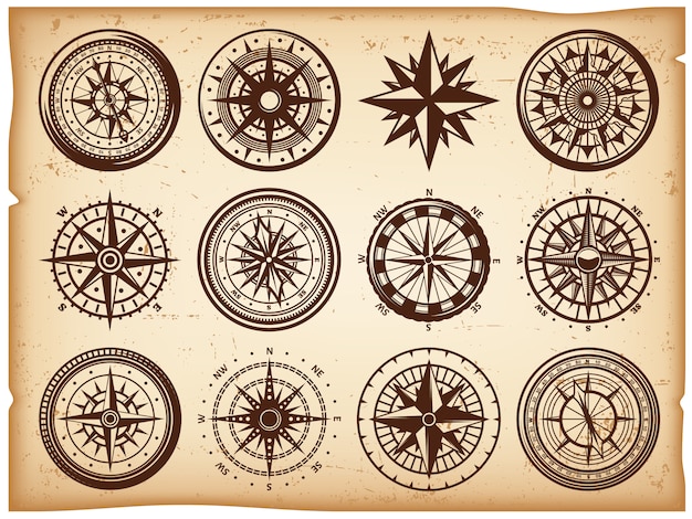 Free vector vintage nautical compasses icons set