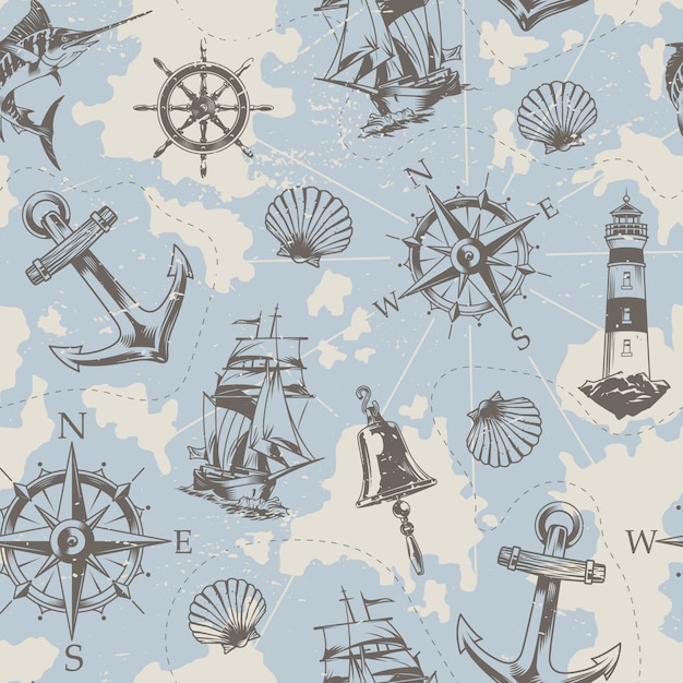 Free vector vintage nautical elements seamless pattern