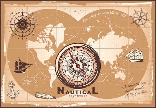 Vettore gratuito modello di mappa del mondo nautico vintage