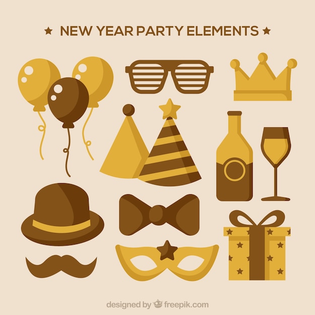 Vintage new year party element collection in brown and golden